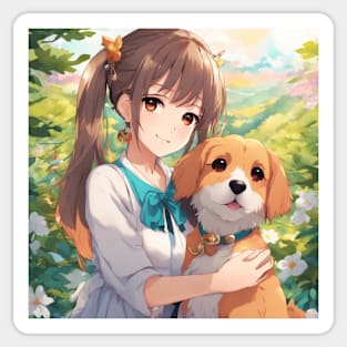 Anime Girl with a cute Dog #023 Sticker